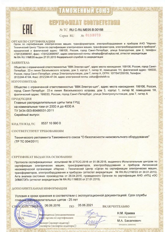 Сертификат соответствия на ГРЩ до 2000-4000А